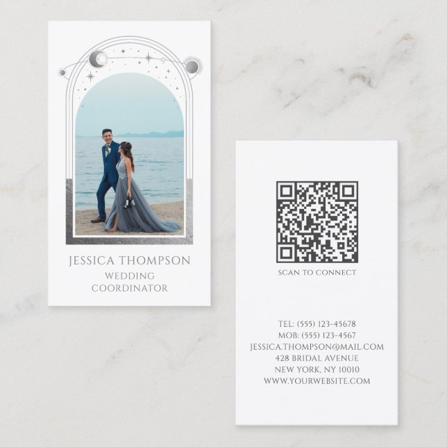 Wedding Coordinator Photo White Silver Celestial Business Card (Front/Back)