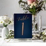 Wedding copper glitter navy elegant table number<br><div class="desc">Faux copper metallic foil formal calligraphy script wedding reception table card. The midnight navy blue background colour is editable. You can change it after selecting CUSTOMIZE FURTHER button.
You can find the whole range of numbers ( 1 - 50) here: http://bit.ly/2sLMaFh</div>