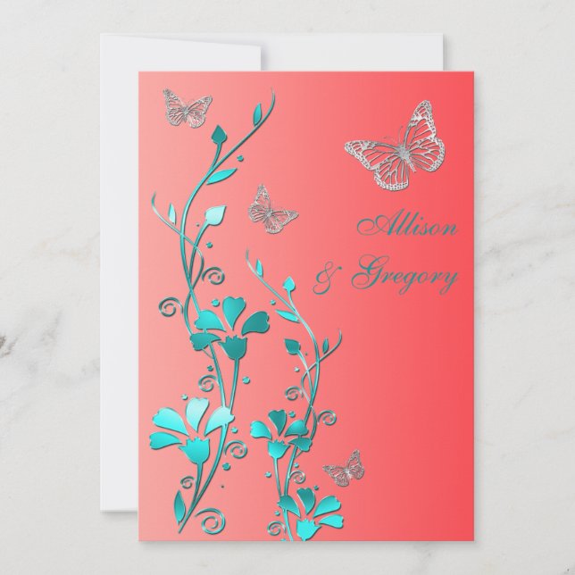 Wedding | Coral Aqua Grey | Floral | Butterflies Invitation (Front)