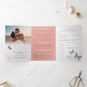 Wedding coral blue butterflies all-in-one  Tri-Fold invitation