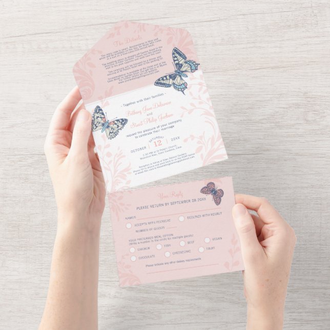 Wedding coral butterflies details & meal RSVP All  All In One Invitation (Tearaway)