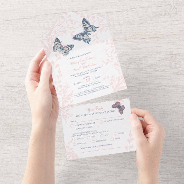 Wedding coral butterflies swirls meal RSVP All In One Invitation (Tearaway)