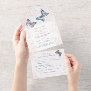 Wedding coral butterflies swirls meal RSVP All In One Invitation