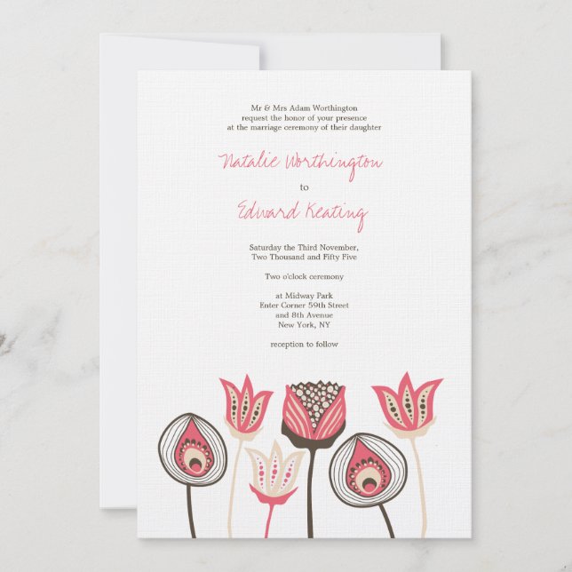 Wedding Coral Chocolate Ivory Funky Flowers Invitation (Front)