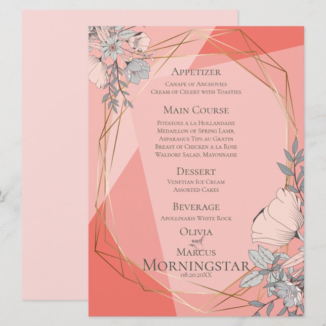 Wedding Coral Floral Geometric Gold Frame Invitation (Front/Back)