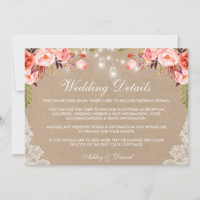 Wedding Coral Jar Lights Lace Details Kraft Insert Card (Front)