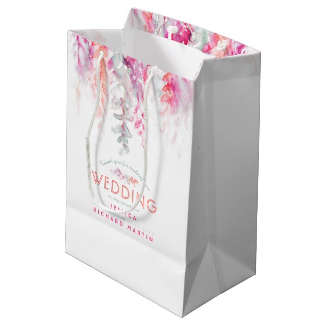 Wedding coral pink red flowers thank you gift bag (Back Angled)