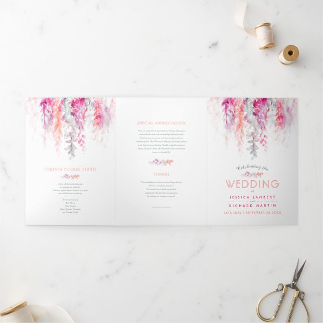 Wedding coral red orange green flower art  Tri-Fold programme (Outside)