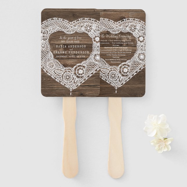 Wedding country lace wood effect program fans (Front and Back)