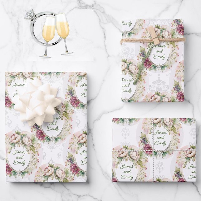 Wedding Country Rose Personalise Names Damask 3 Wrapping Paper Sheet (Creator Uploaded)