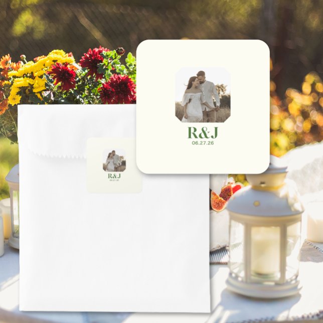Wedding Couple Add Photo Green Monogram Square Sticker (Wedding Couple Add Photo Green Monogram Square Sticker)