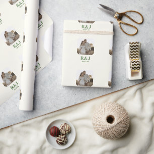 Wedding Couple Add Photo Green Monogram Wrapping Paper