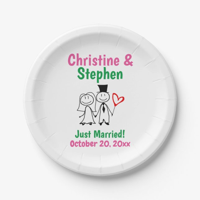 Wedding Couple Bride Groom Cute Stick Figure Paper Plate (Front)