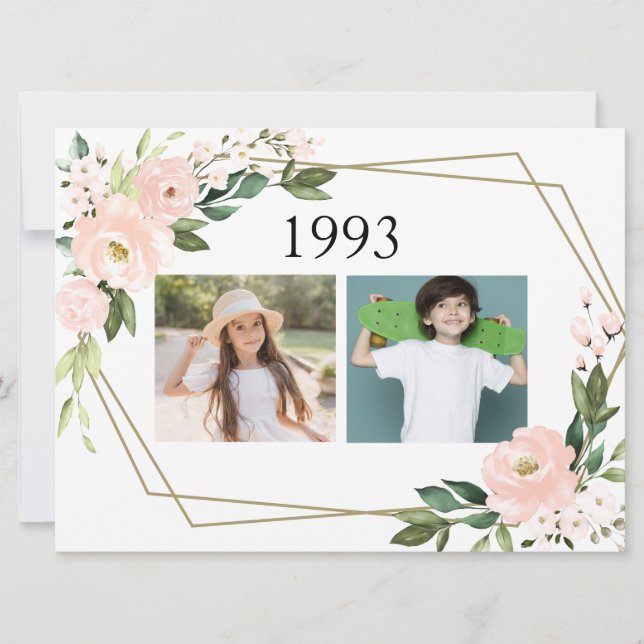 Wedding Couple Childhood Photos Pink Blush Floral Invitation (Front)