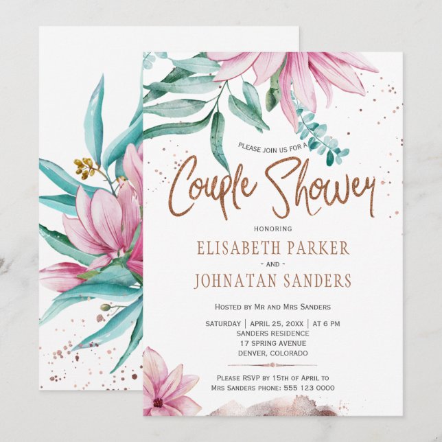 Wedding couple copper glitter pink couples shower invitation (Front/Back)
