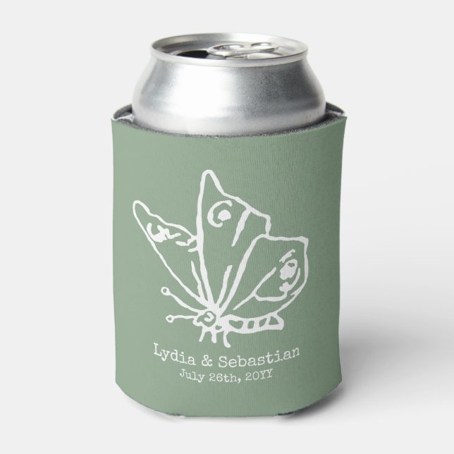 Wedding Couple Custom Names Butterfly | Sage Can Cooler (Can Front)