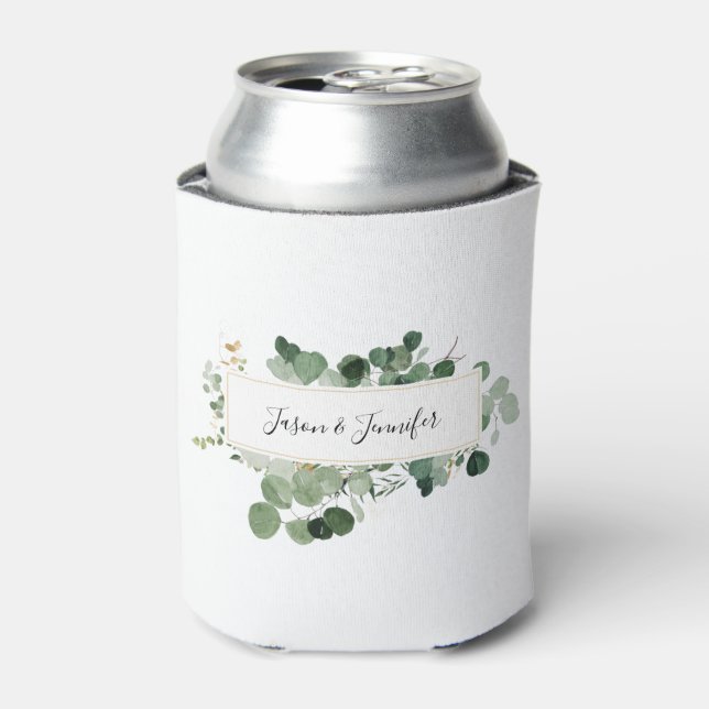 Wedding Couple Custom Names Greenery Elegant Can Cooler (Can Front)