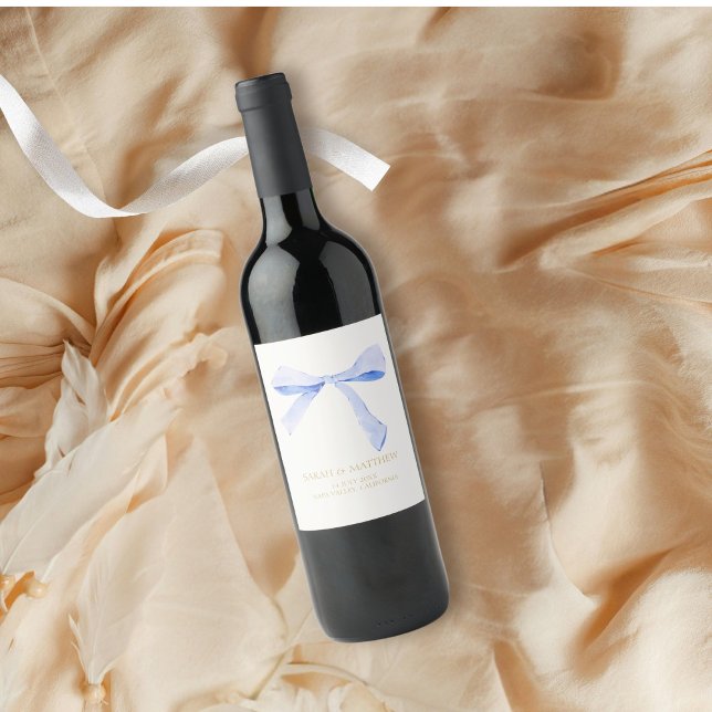 Wedding Couple Dusty Blue Ribbon Wine Label (Creator Uploaded)