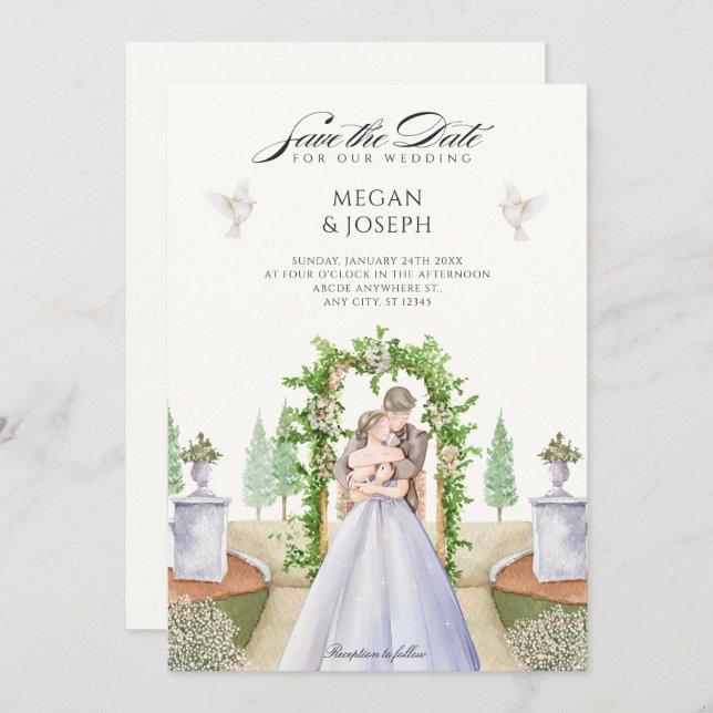 Wedding couple garden watercolor save the date (Front/Back)