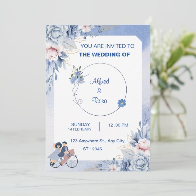 Wedding Couple Image Soft Blue Simple Invitation (Standing Front)
