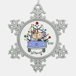 Wedding Couple in Car Christmas Snowflake Ornament