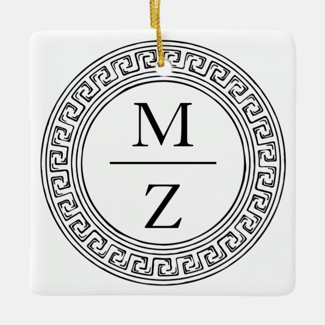 Wedding Couple Initials with Greek Key Design Ceramic Ornament (Front)