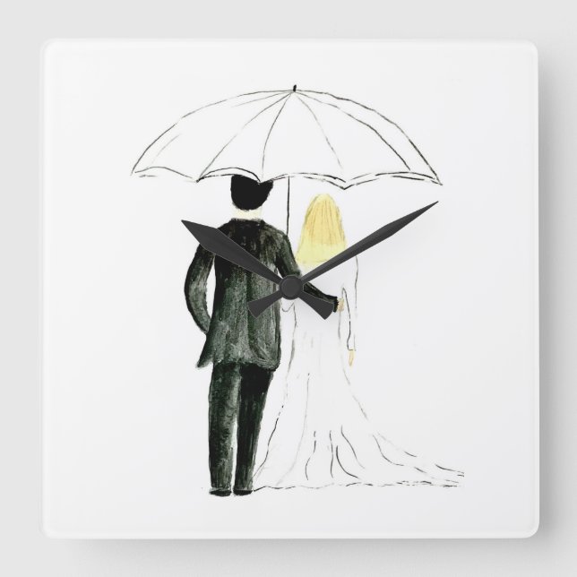Wedding couple Just married chic watercolor  Square Wall Clock (Front)