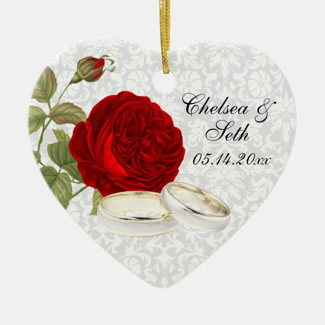 Wedding Couple Keepsake | Red Roses Ceramic Tree Decoration (Front)