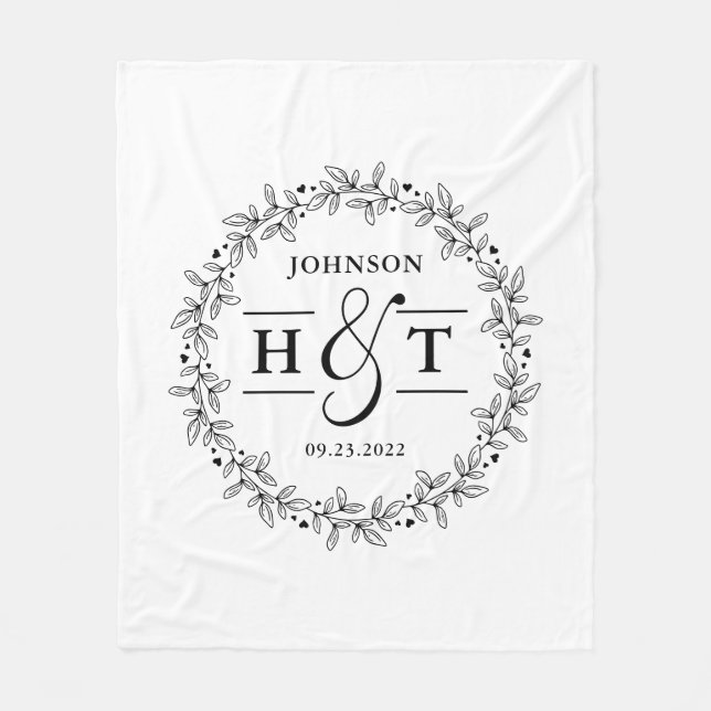 Wedding Couple Letter Monogram Floral Frame Fleece Blanket (Front)