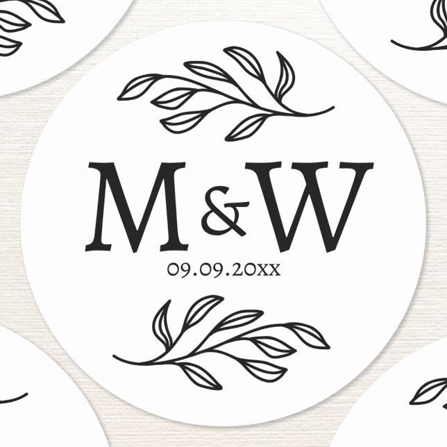 Wedding Couple Monogram Date Elegant Botanical Classic Round Sticker (Wedding couple monogram initials and date personalized botanical sticker)
