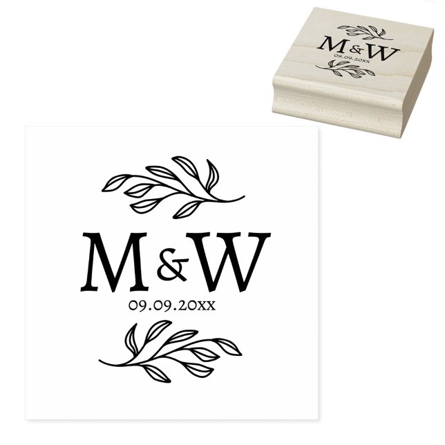 Wedding Couple Monogram Date Elegant Botanical Rubber Stamp (Modern wedding couple monogram initials botanical leaf wedding date personalized rubber stamp)