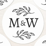 Wedding Couple Monogram Elegant Botanical Classic Round Sticker<br><div class="desc">Add a touch of class to your wedding with this unique personalised couple monogram initial botanical leaves design.  Modern,  minimalist and simple serif font for a sophisticated look. Ideal for your invitation stationery and favour boxes.  Original art by Nic Squirrell.</div>