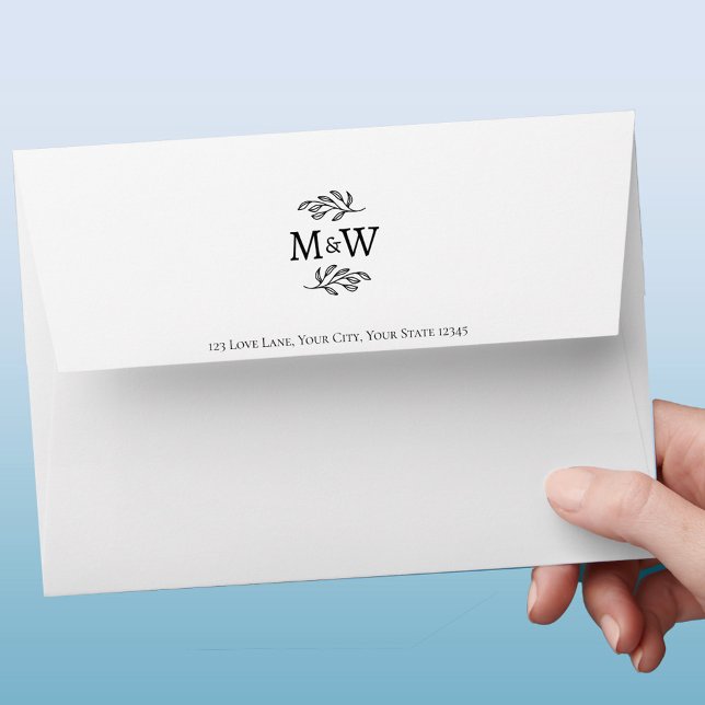 Wedding Couple Monogram Elegant Botanical Envelope (Modern wedding couple monogram initials with botanical leaf art custom return address envelopes)