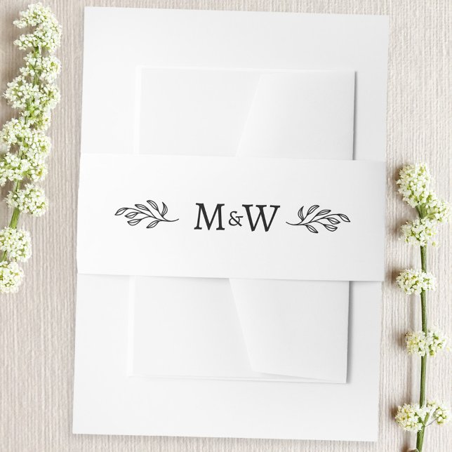 Wedding Couple Monogram Elegant Botanical Invitation Belly Band (Modern wedding couple initials monogram with botanical leaf sprig belly band)