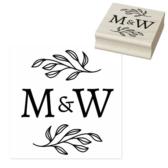 Wedding Couple Monogram Elegant Botanical Rubber Stamp (Modern wedding couple monogram initials botanical leaf rubber stamp)