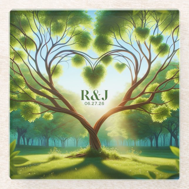 Wedding Couple Monogram Green Glass Coaster (Front)