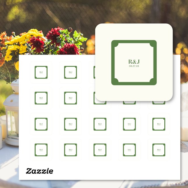 Wedding Couple Monogram Green Square Sticker (Wedding Couple Monogram Green Square Stickers)