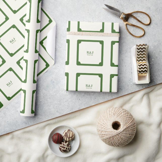 Wedding Couple Monogram Green Wrapping Paper (Crafts)