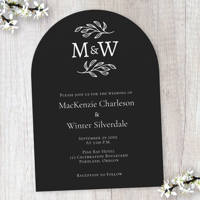 Wedding Couple Monogram Initials Black Arch  Invitation (Modern black arch wedding invitation with couple monogram initials and botanical leaf sprig line art)