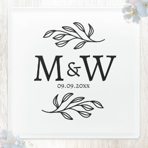 Wedding Couple Monogram Initials Date Botanical Glass Coaster