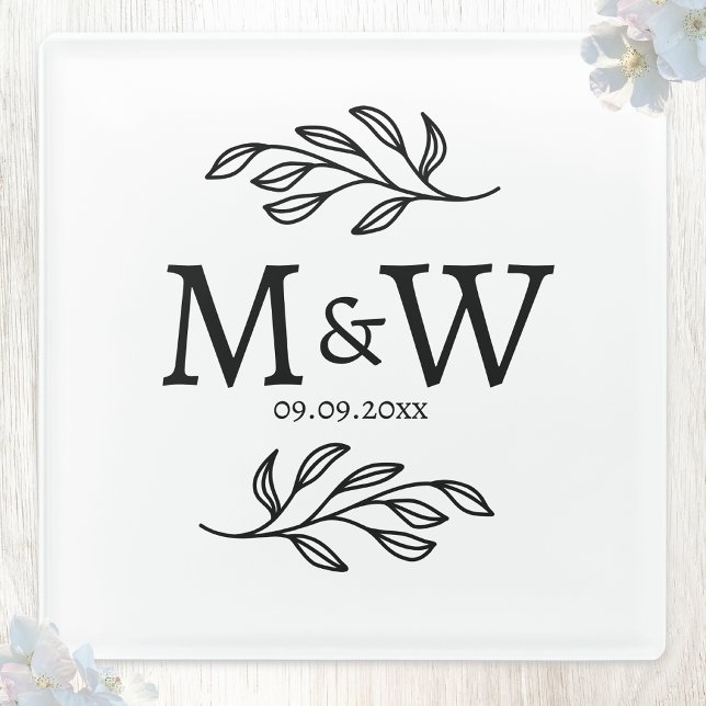 Wedding Couple Monogram Initials Date Botanical Glass Coaster (Wedding couple monogram initials coaster)