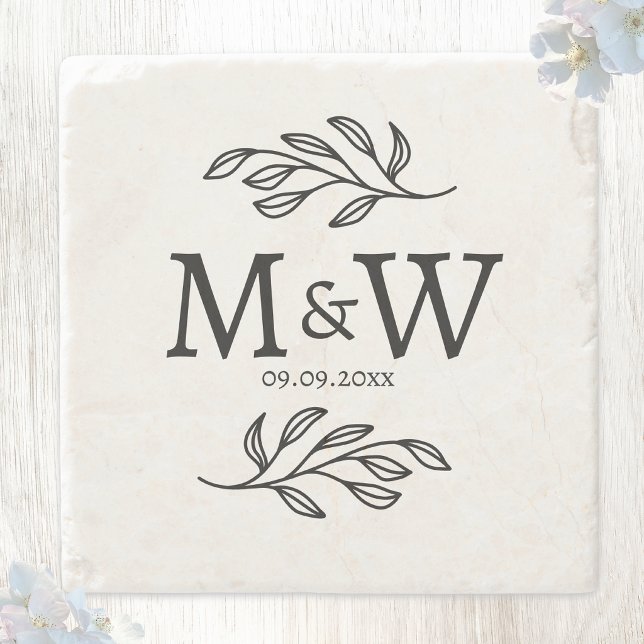 Wedding Couple Monogram Initials Date Botanical Stone Coaster (Wedding couple monogram initials coaster)
