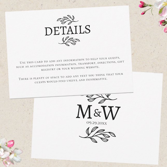 Wedding Couple Monogram Initials Information Card (Wedding details information enclosure card with couple monogram initials and botanical leaf line art)