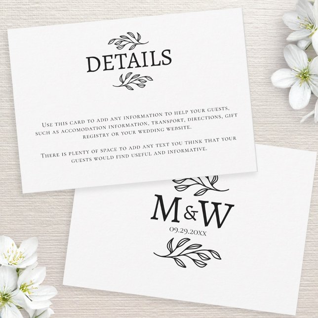 Wedding Couple Monogram Initials Information Card (Wedding details information enclosure card with couple monogram initials and botanical leaf line art)