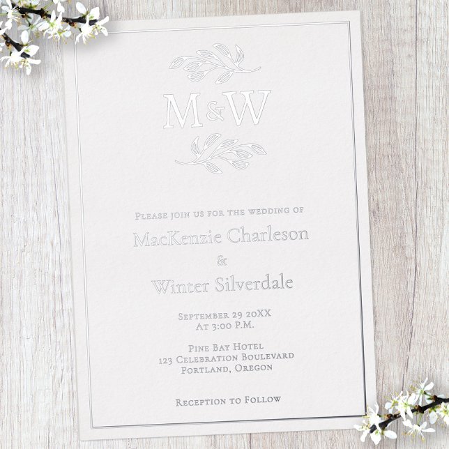 Wedding Couple Monogram Initials Minimalist Silver (Modern silver foil wedding invitation couple monogram initials and botanical leaf sprig line art)