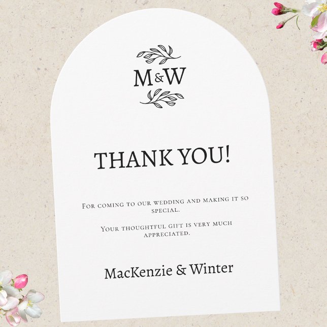 Wedding Couple Monogram Initials Thank You Card (Wedding thank you arch card couple monogram initials botanical line art leaf sprig )