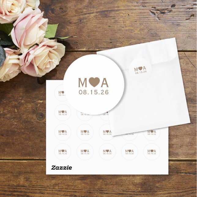 Wedding Couple Monogram Love Heart Classic Round Sticker (Creator Uploaded)