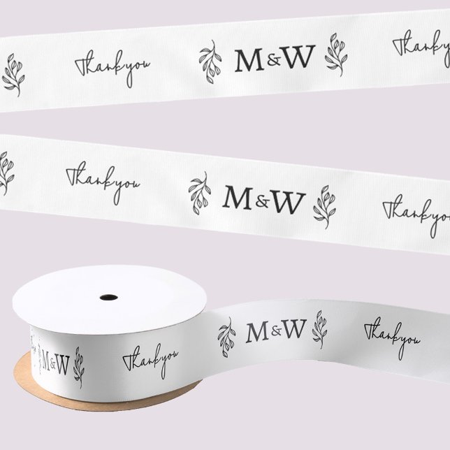 Wedding Couple Monogram Thank You Botanical Leaf Satin Ribbon (Personalized wedding couple monogram initials botanical leaf art thank you ribbon)
