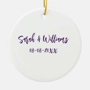 Wedding couple. Name date purple simple minimal mo Ceramic Tree Decoration
