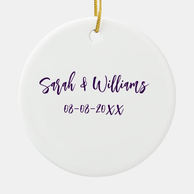 Wedding couple. Name date purple simple minimal mo Ceramic Tree Decoration (Front)